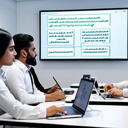 Home 11 ** A diverse group of employees participating in an interactive cybersecurity training workshop. Focus on engagement, collaboration, and learning. Show a realistic office setting with Arabic script on whiteboards or presentation screens.
**