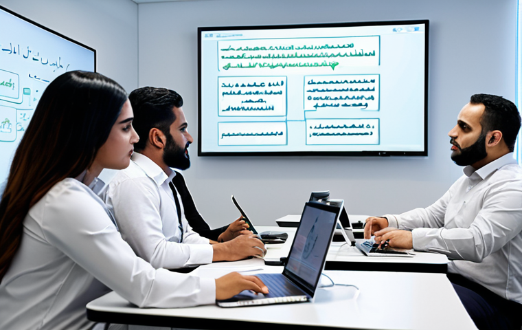 ** A diverse group of employees participating in an interactive cybersecurity training workshop. Focus on engagement, collaboration, and learning. Show a realistic office setting with Arabic script on whiteboards or presentation screens.
**