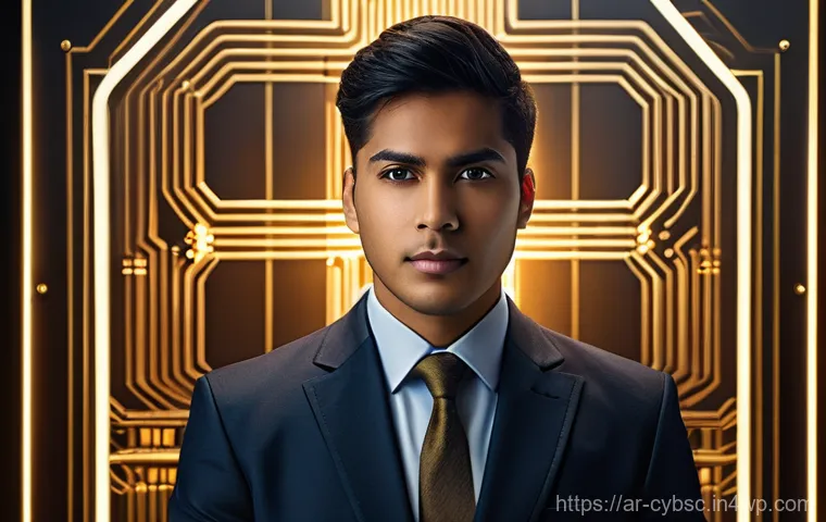고객과의 신뢰 구축을 위한 사이버 보안 인식 - **Golden Shield of Digital Trust:**
"A professional individual of diverse ethnicity, dressed in ...