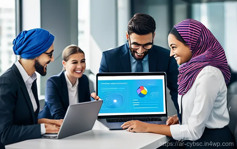 사이버 보안 인식 프로그램을 위한 외부 전문가 활용 - **Prompt 1: Collaborative Cybersecurity Learning Session**
    "A diverse group of office profession...