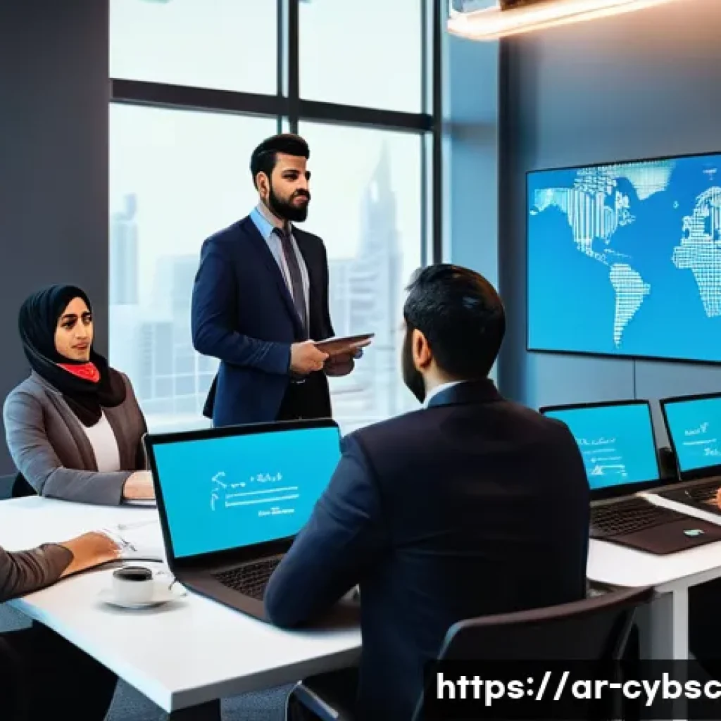 사이버 보안 인식 프로그램의 ROI 측정 방법 - A professional Middle Eastern office environment with Arabic-speaking employees engaging in a cybers...