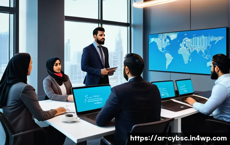사이버 보안 인식 프로그램의 ROI 측정 방법 - A professional Middle Eastern office environment with Arabic-speaking employees engaging in a cybers...