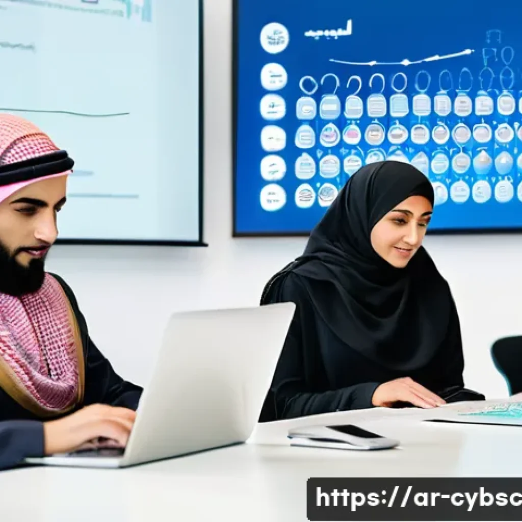 사이버 보안 인식 교육으로 인한 기업 이미지 개선 - A modern office setting in a Middle Eastern corporate environment, showing a diverse group of profes...