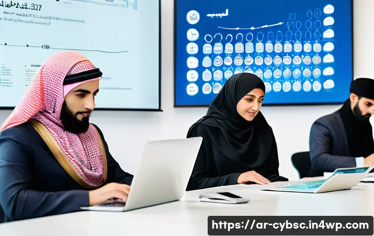사이버 보안 인식 교육으로 인한 기업 이미지 개선 - A modern office setting in a Middle Eastern corporate environment, showing a diverse group of profes...