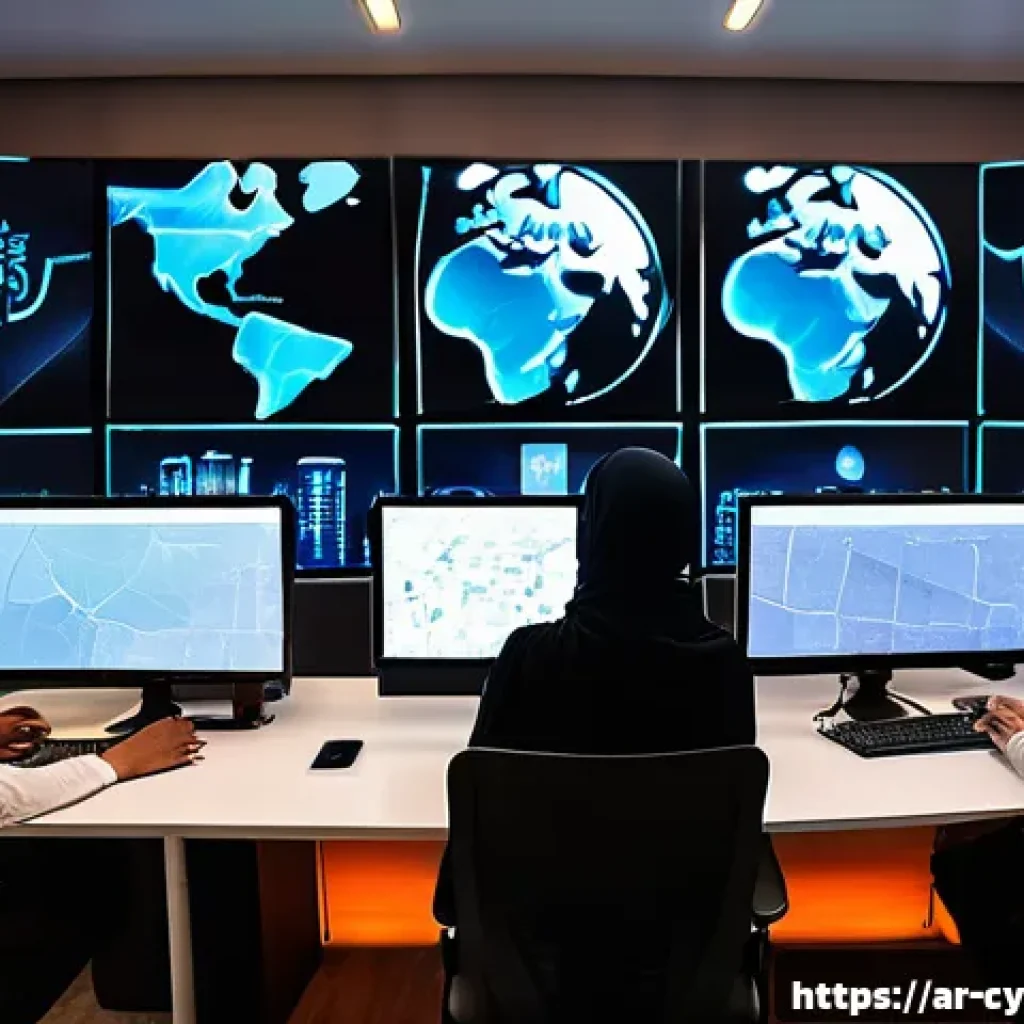 사이버 보안 교육을 위한 온라인 플랫폼 추천 - A modern virtual cybersecurity lab scene showing a diverse group of young Arabic learners, both male...