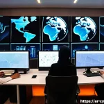 사이버 보안 교육을 위한 온라인 플랫폼 추천 - A modern virtual cybersecurity lab scene showing a diverse group of young Arabic learners, both male...
