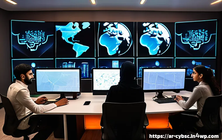 사이버 보안 교육을 위한 온라인 플랫폼 추천 - A modern virtual cybersecurity lab scene showing a diverse group of young Arabic learners, both male...