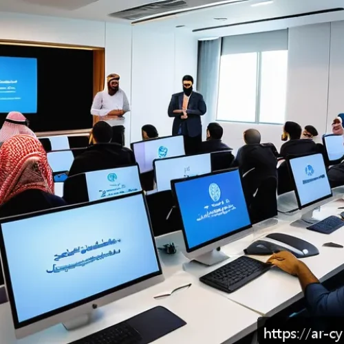 사이버 보안 인식 프로그램에 대한 자주 묻는 질문 - A modern office training room filled with diverse Arab professionals attentively participating in a ...