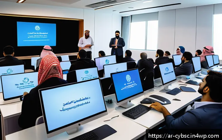 사이버 보안 인식 프로그램에 대한 자주 묻는 질문 - A modern office training room filled with diverse Arab professionals attentively participating in a ...