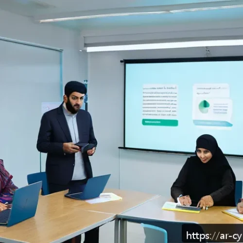 사이버 보안 인식 프로그램에 대한 정부의 역할 - A modern digital awareness workshop scene set in a Middle Eastern community center, featuring a dive...