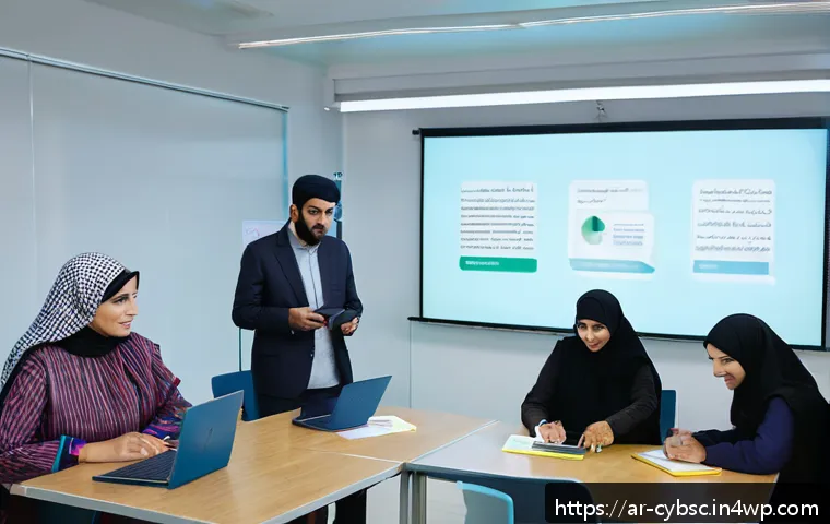 사이버 보안 인식 프로그램에 대한 정부의 역할 - A modern digital awareness workshop scene set in a Middle Eastern community center, featuring a dive...