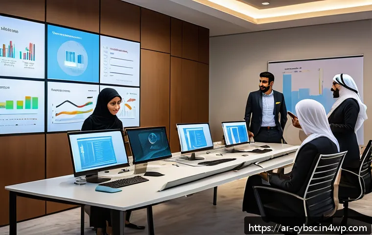 사이버 보안 인식 프로그램의 장기적 지속 가능성 - A diverse group of professional Arabic-speaking office workers in a modern Middle Eastern corporate ...