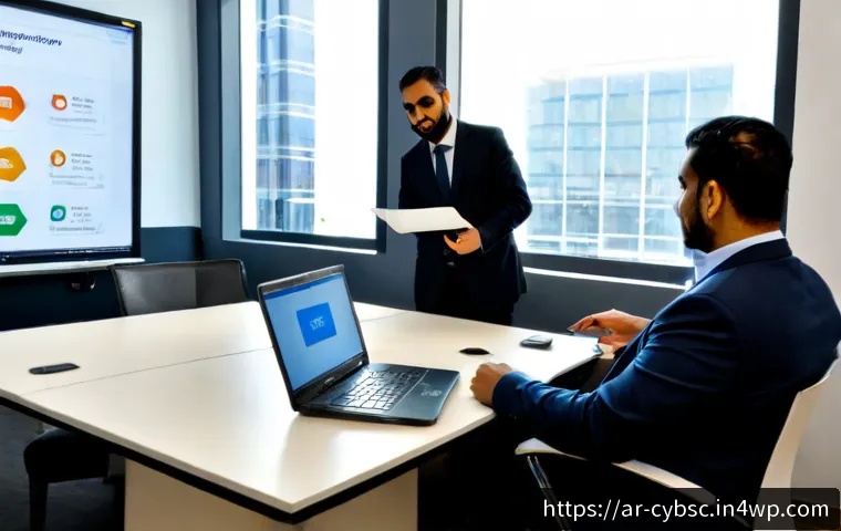 사이버 보안 인식 교육의 지속적 개선 방안 - Photorealistic corporate cybersecurity awareness workshop in a modern Gulf-region office, diverse Ar...